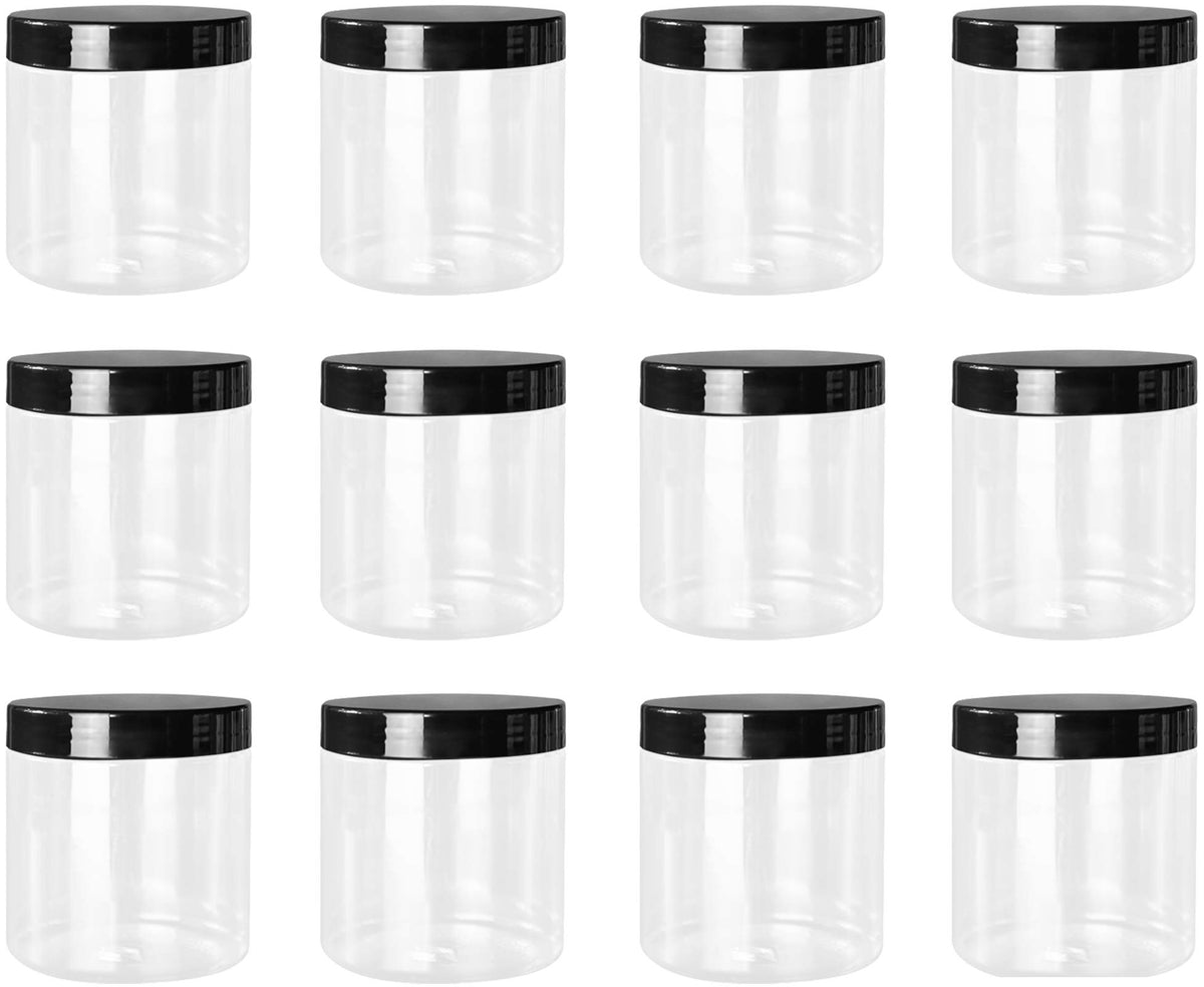 Lawei 12-pack clear jars with black lids for organized pantry storage.