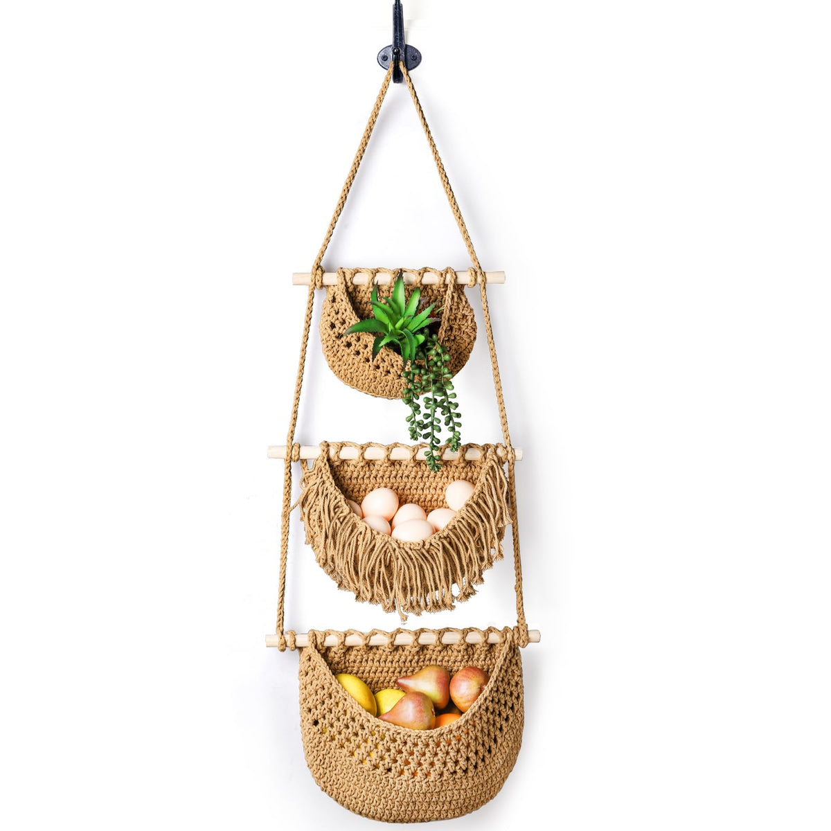 Lawei 3-tier hanging fruit basket in kitchen setup, spacious produce storage