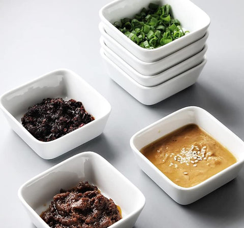 Lawei microwave and oven safe porcelain dip bowls for quick reheating.