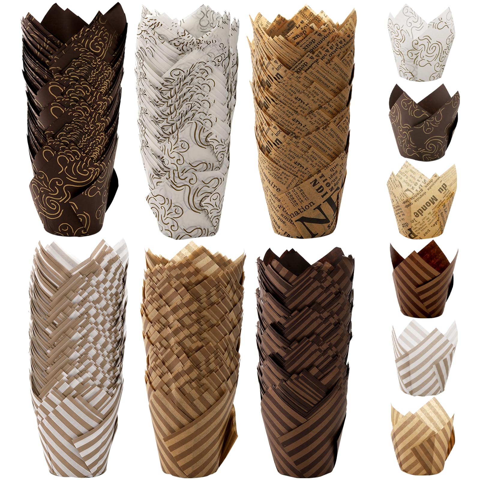 Lawei tulip liners with six patterns for elegant dessert displays.