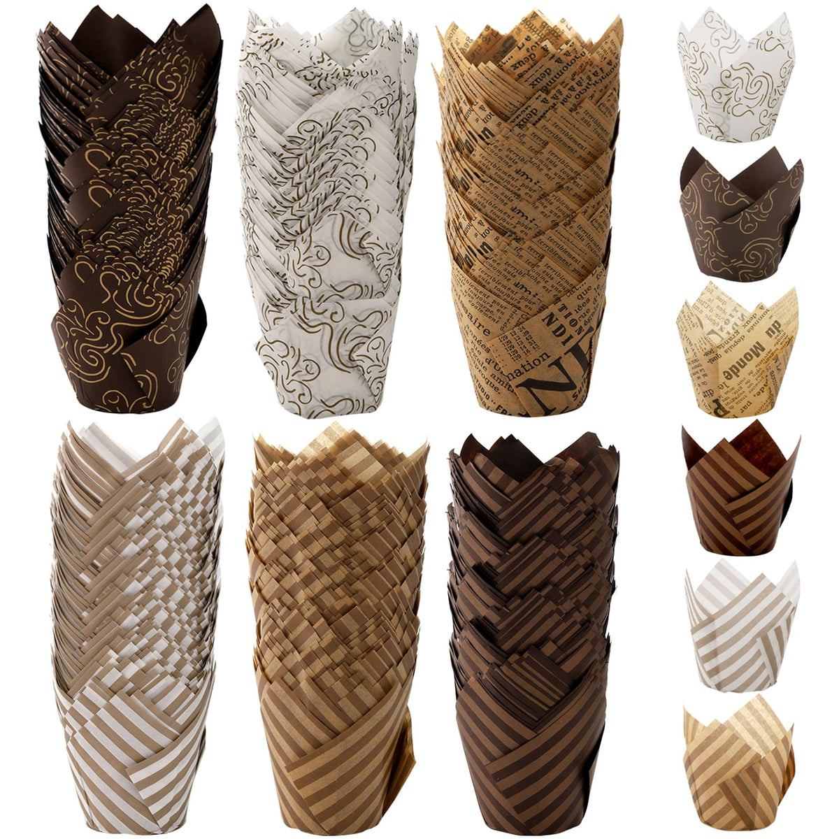 Lawei tulip liners with six patterns for elegant dessert displays.
