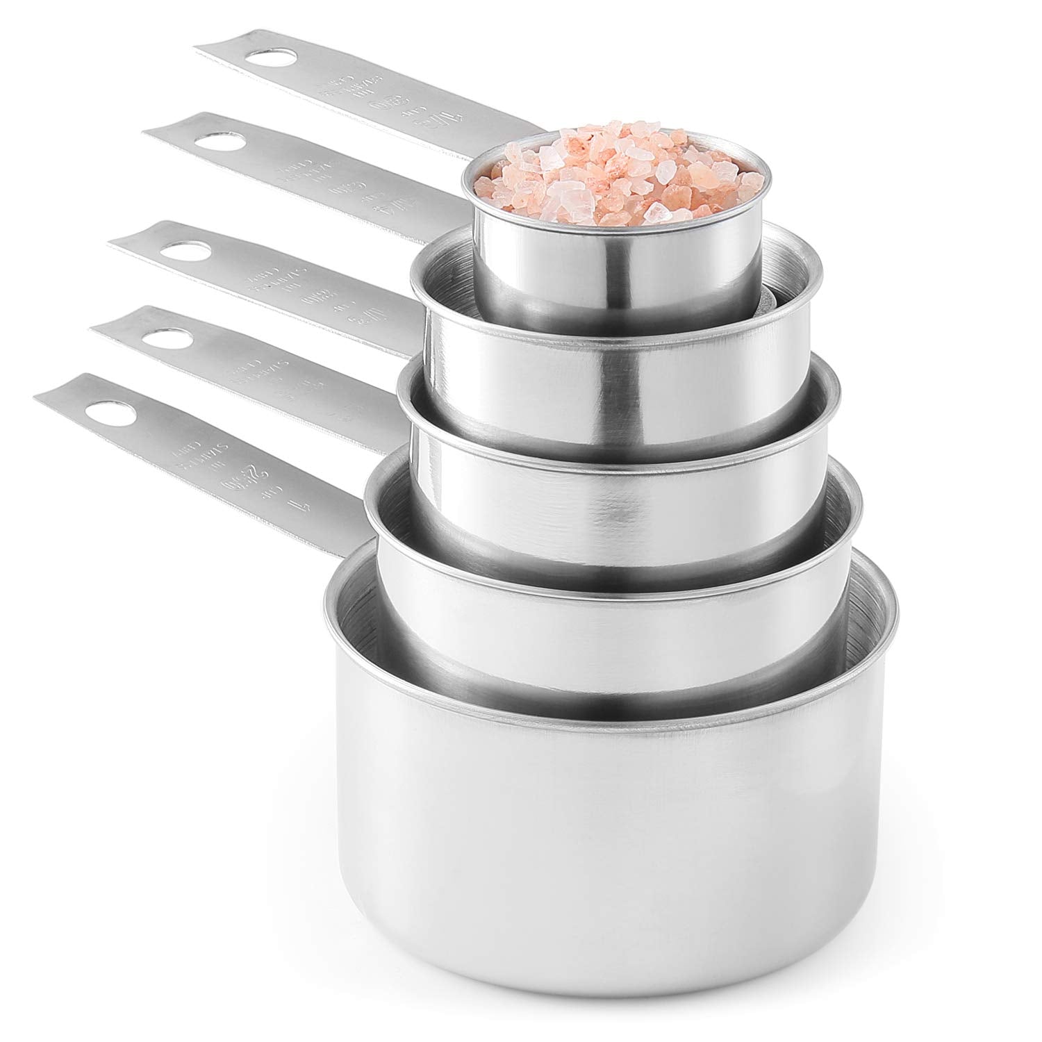 Laxinis World 1/8-cup stainless steel measuring cup stacked for compact storage.