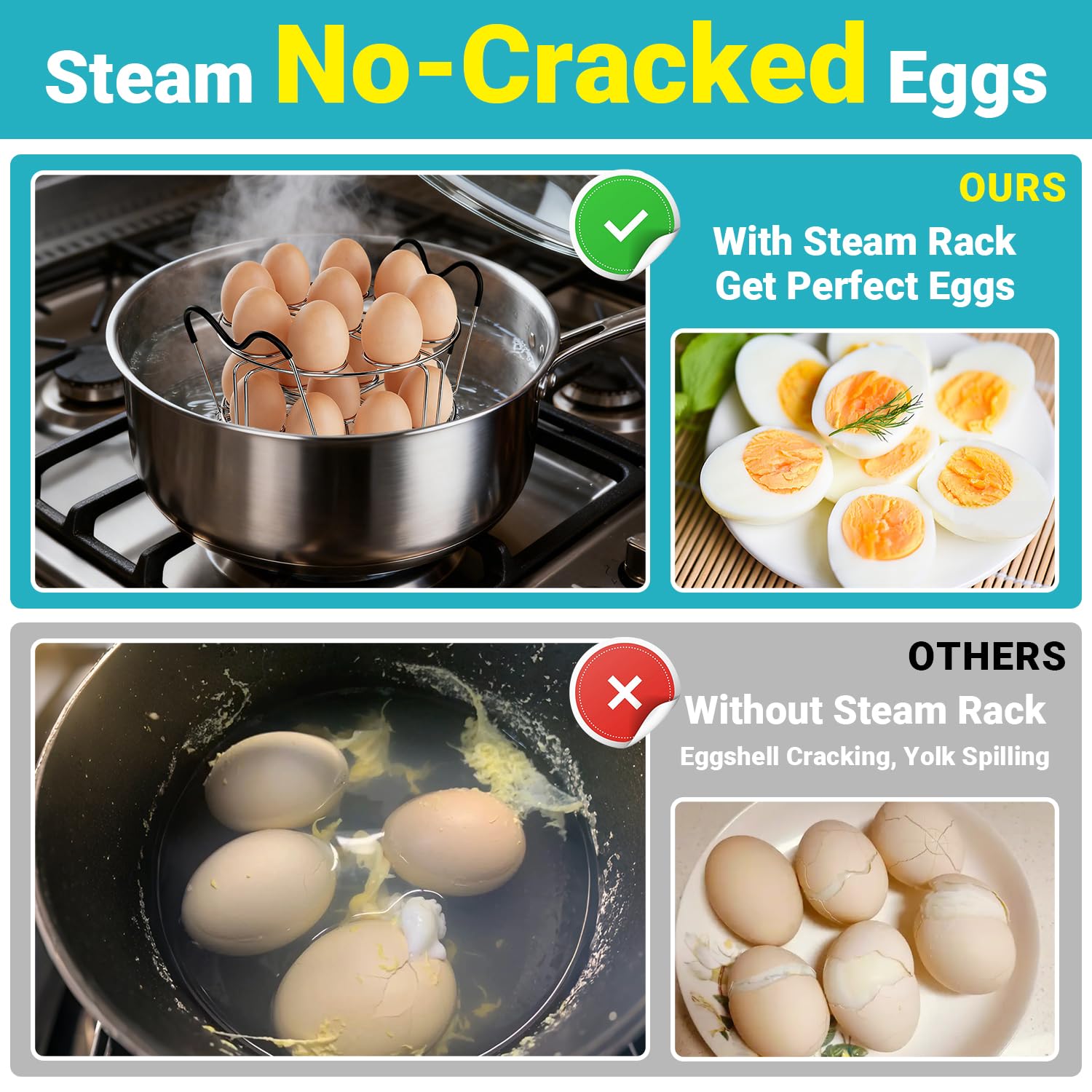 LayaVilla egg rack fits 6qt and 8qt pressure cookers for versatility.