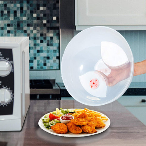 Layron microwave cover in use over dish to minimize mess