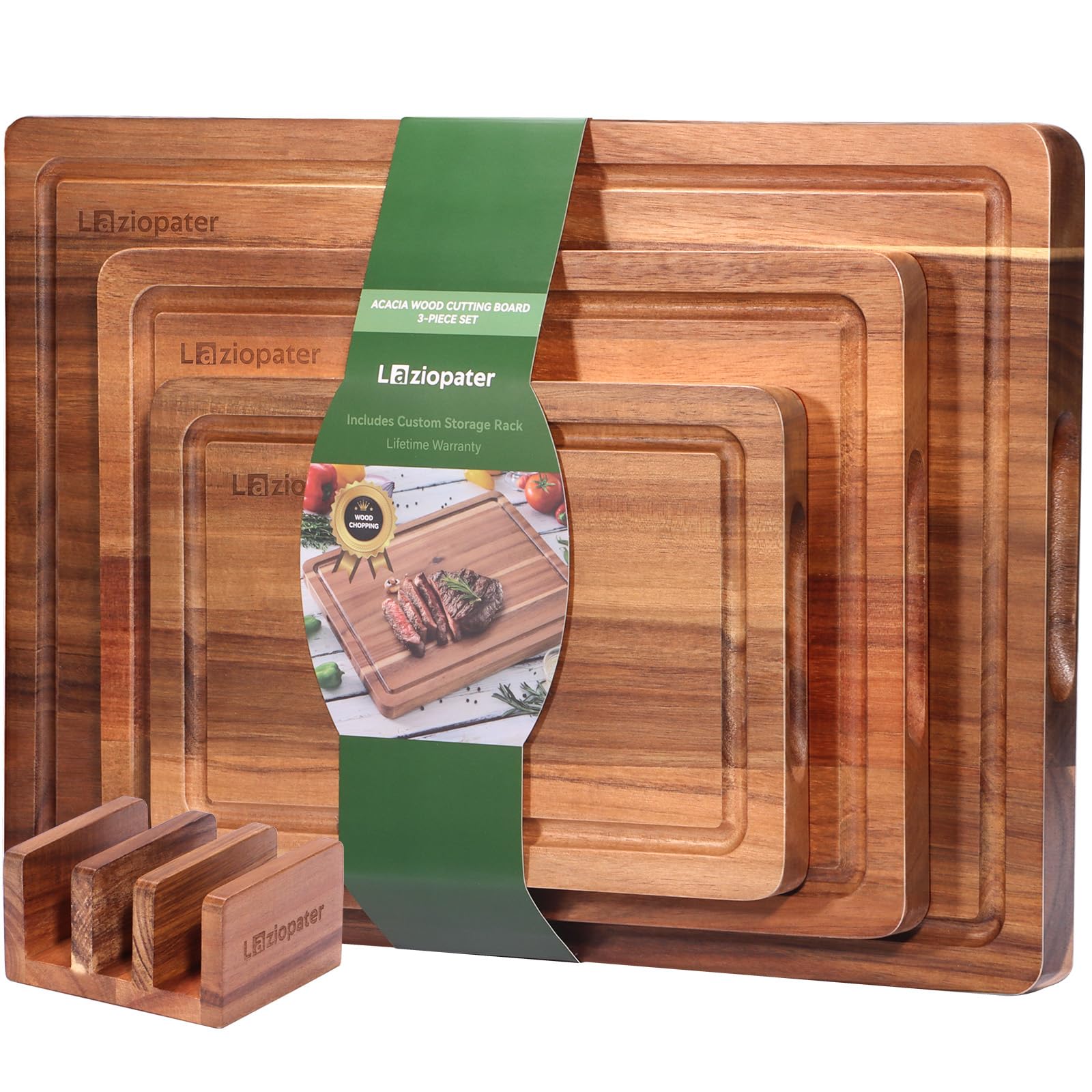 LAZIOPATER Acacia cutting board 3-piece set for versatile prep options