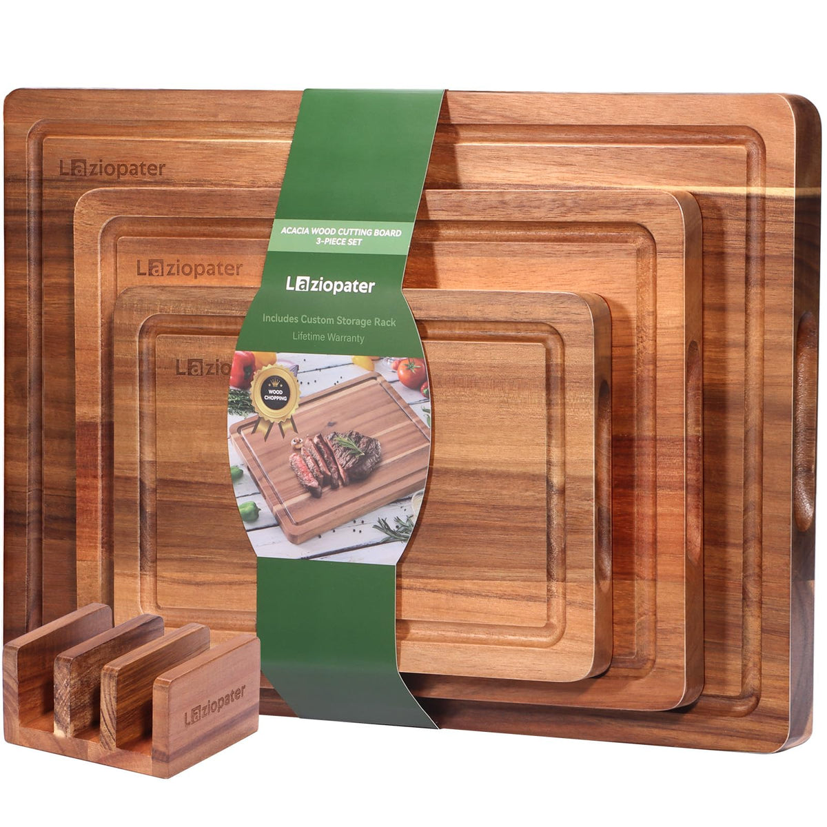 LAZIOPATER Acacia cutting board 3-piece set for versatile prep options