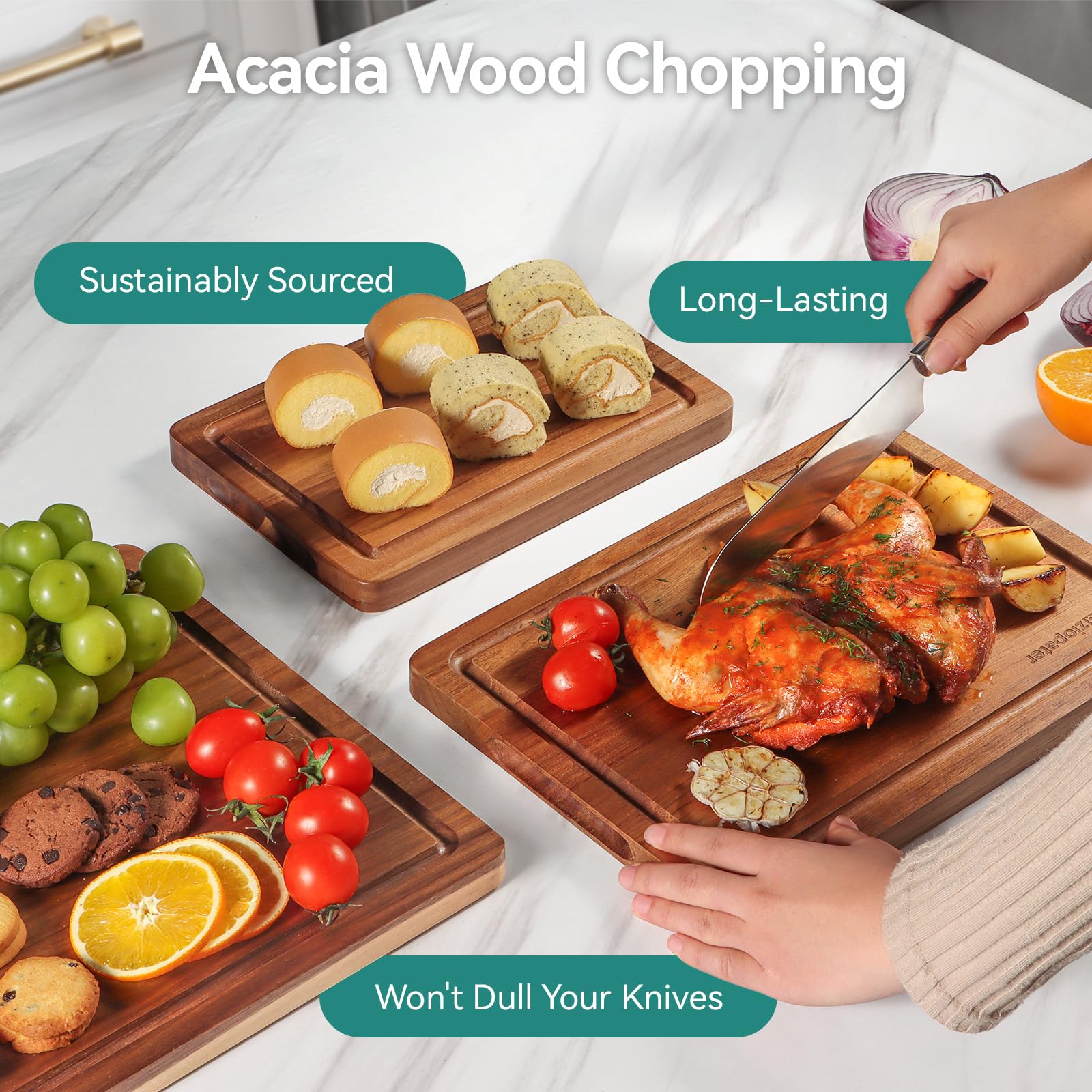 LAZIOPATER Acacia cutting board shows deep juice grooves for mess control