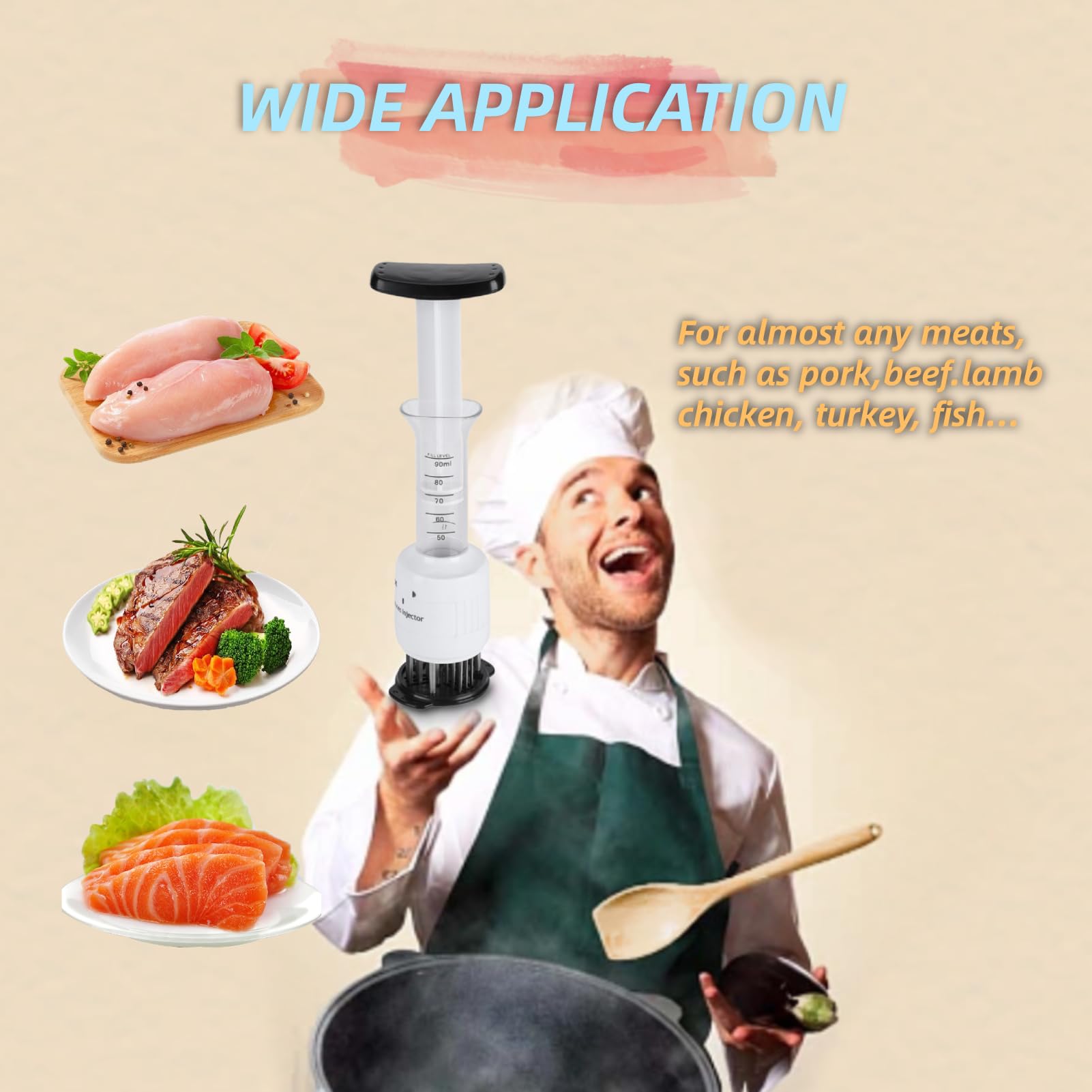 Lazmin marinade injector used on beef or poultry for even coverage