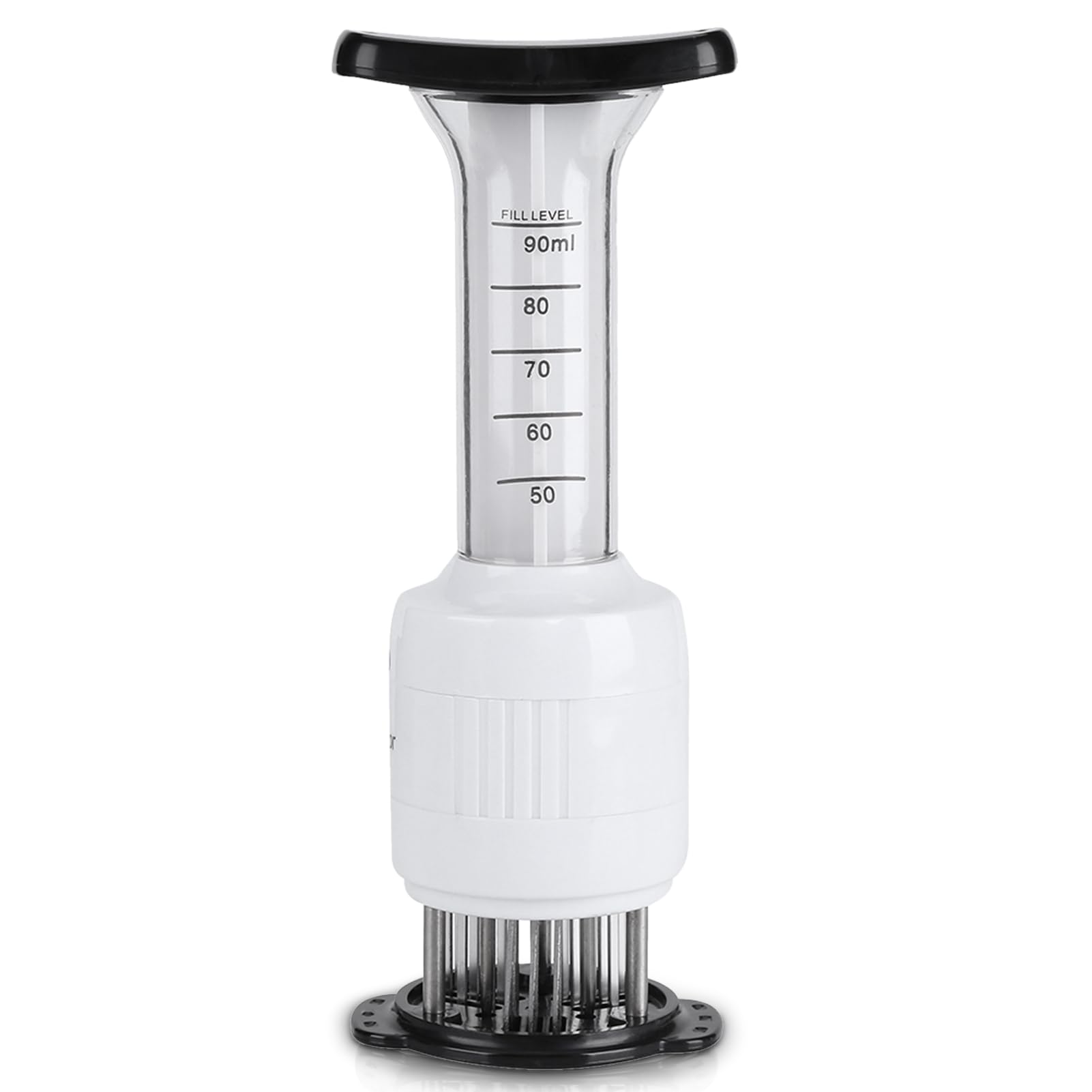 Lazmin stainless steel marinade injector close-up showing 30 needles for even flavor infusion