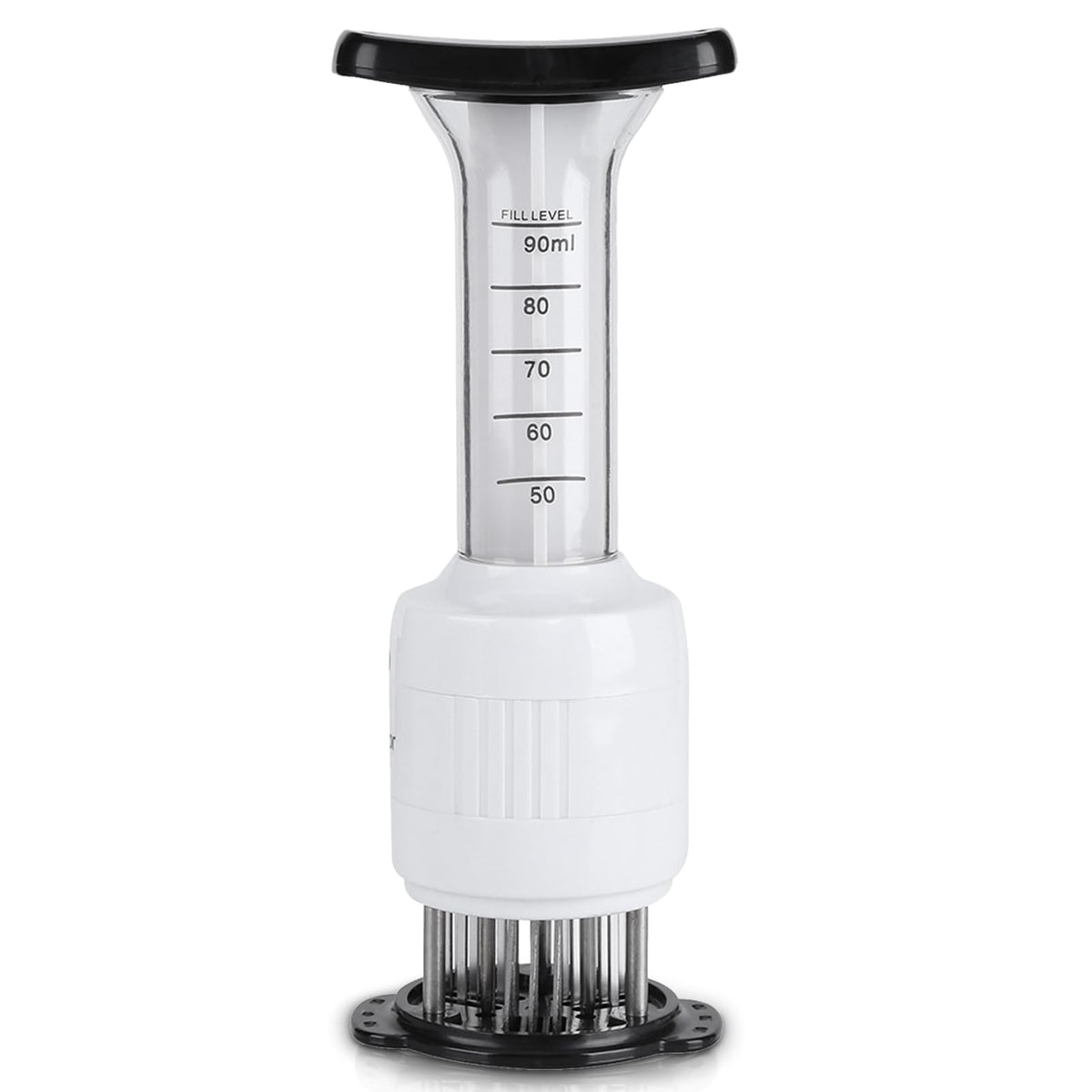 Lazmin stainless steel marinade injector close-up showing 30 needles for even flavor infusion