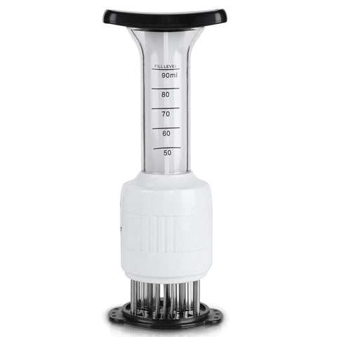 Lazmin stainless steel marinade injector close-up showing 30 needles for even flavor infusion