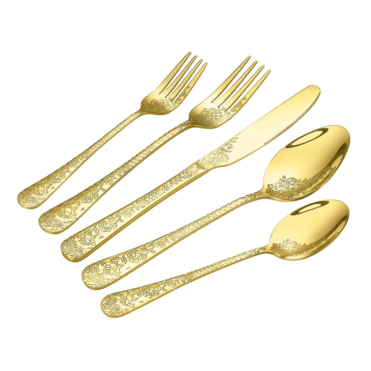 Lazycorner floral-embossed gold silverware for four with rose design for elegant dining.