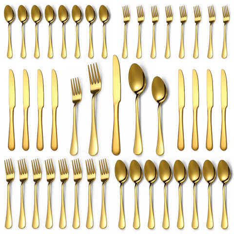 Lazycorner gold silverware service for eight with knives, forks, spoons.