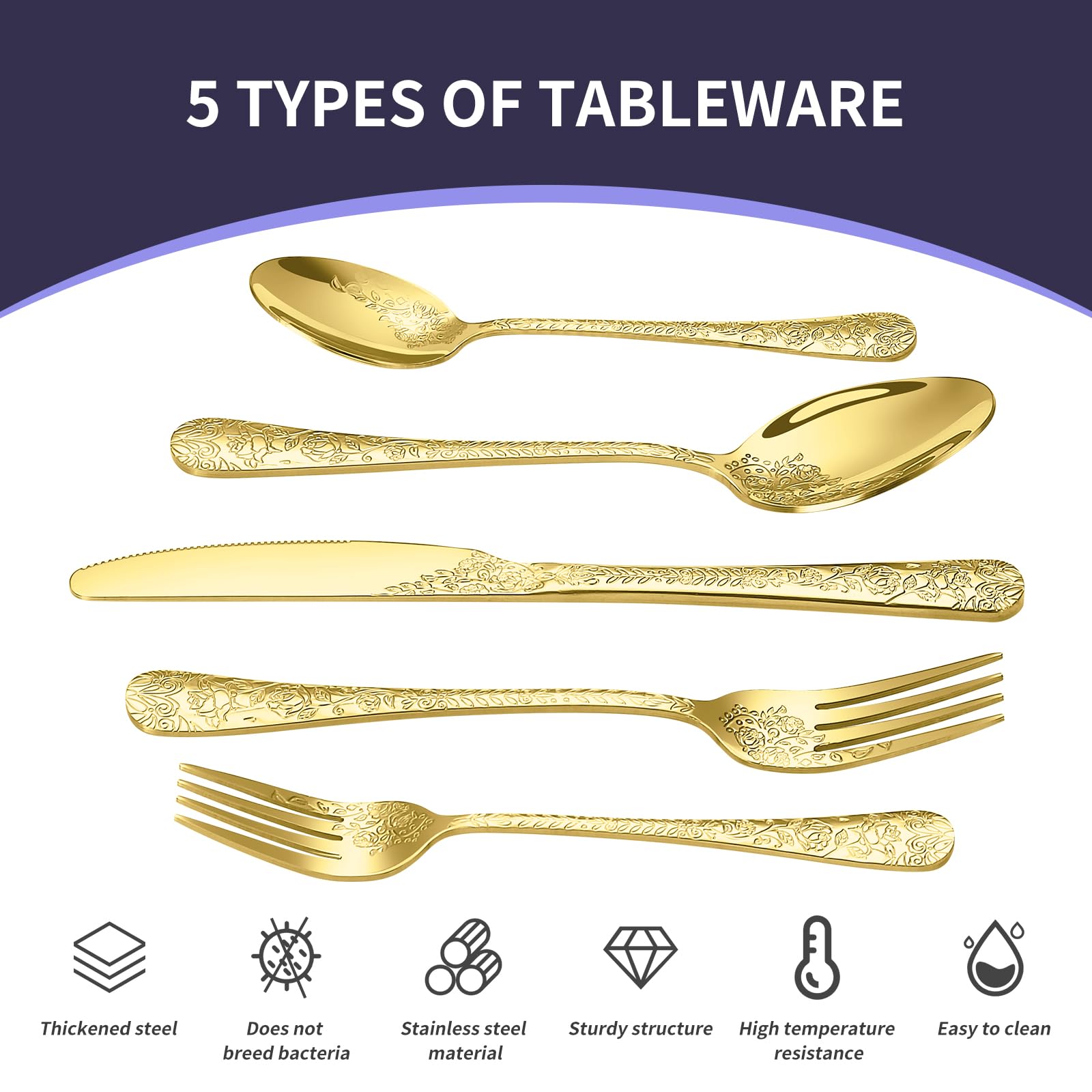 Lazycorner rose-design gold flatware for daily meals, dishwasher safe and durable.