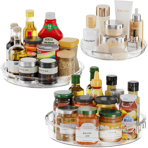 LazySpin 3-pack lazy Susan organizer in clear acrylic keeps cabinets tidy