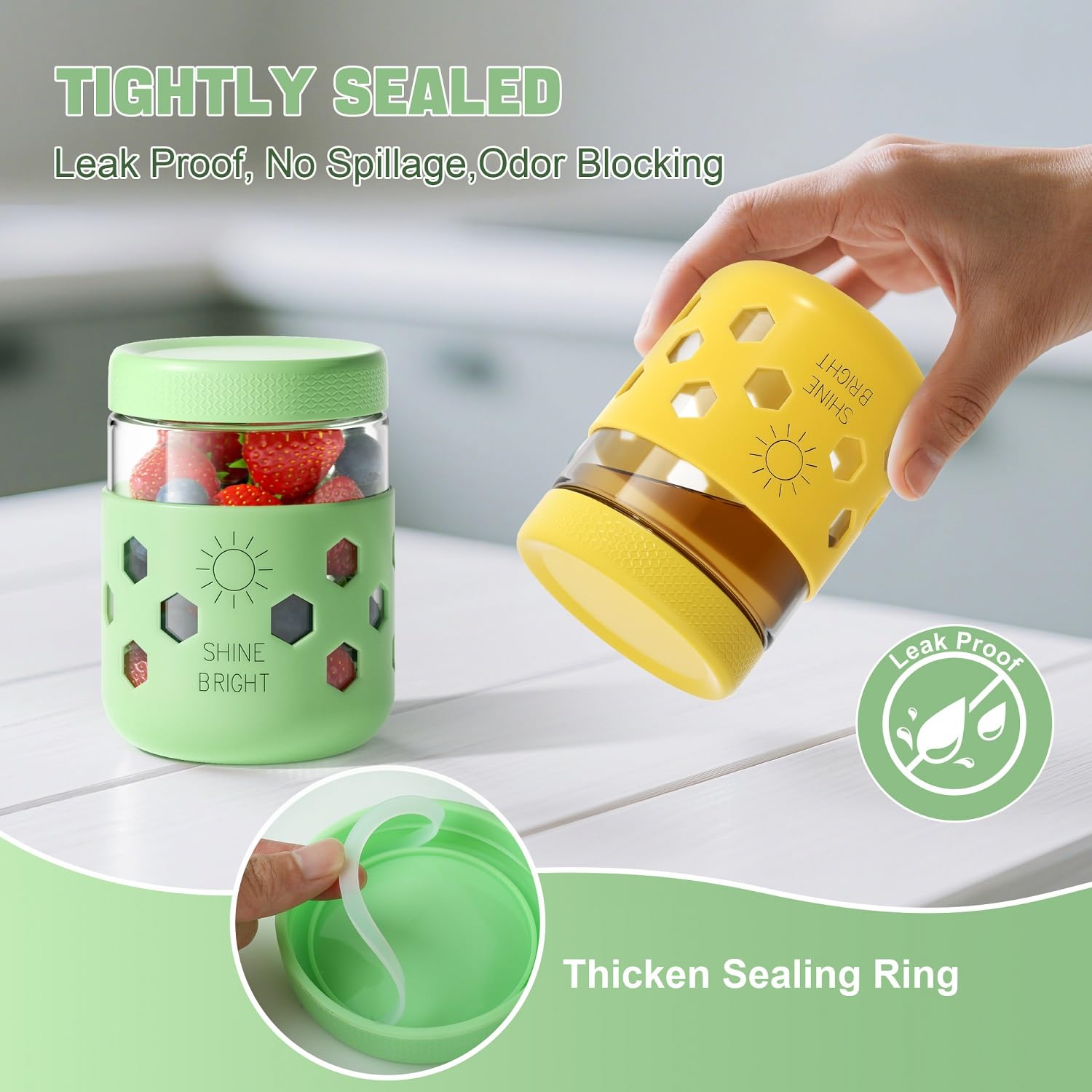 Lazyshine leak-proof airtight lid on a glass jar for freshness.