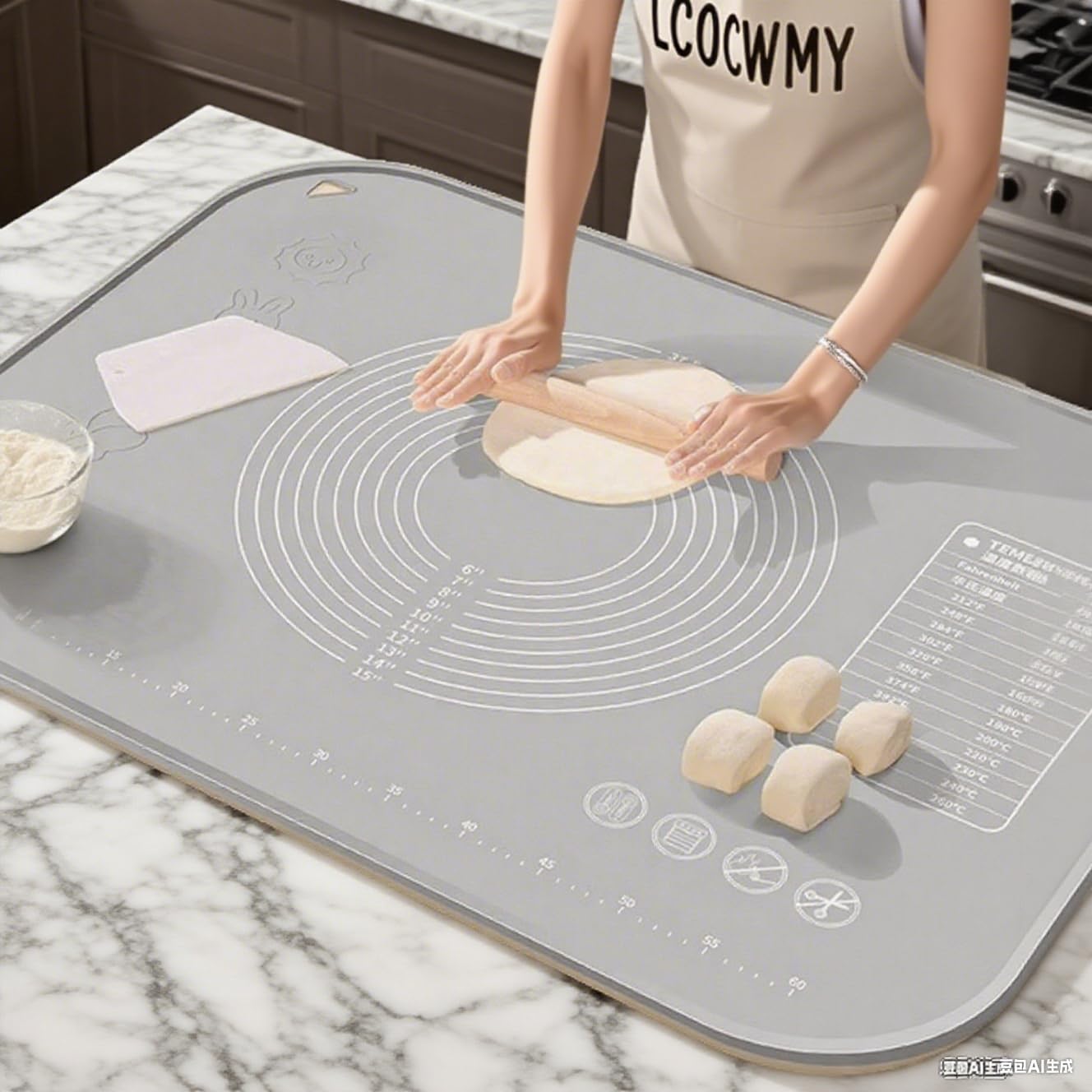 LCOCWMY silicone baking mat 27x20 with raised edge for mess-free rolling.