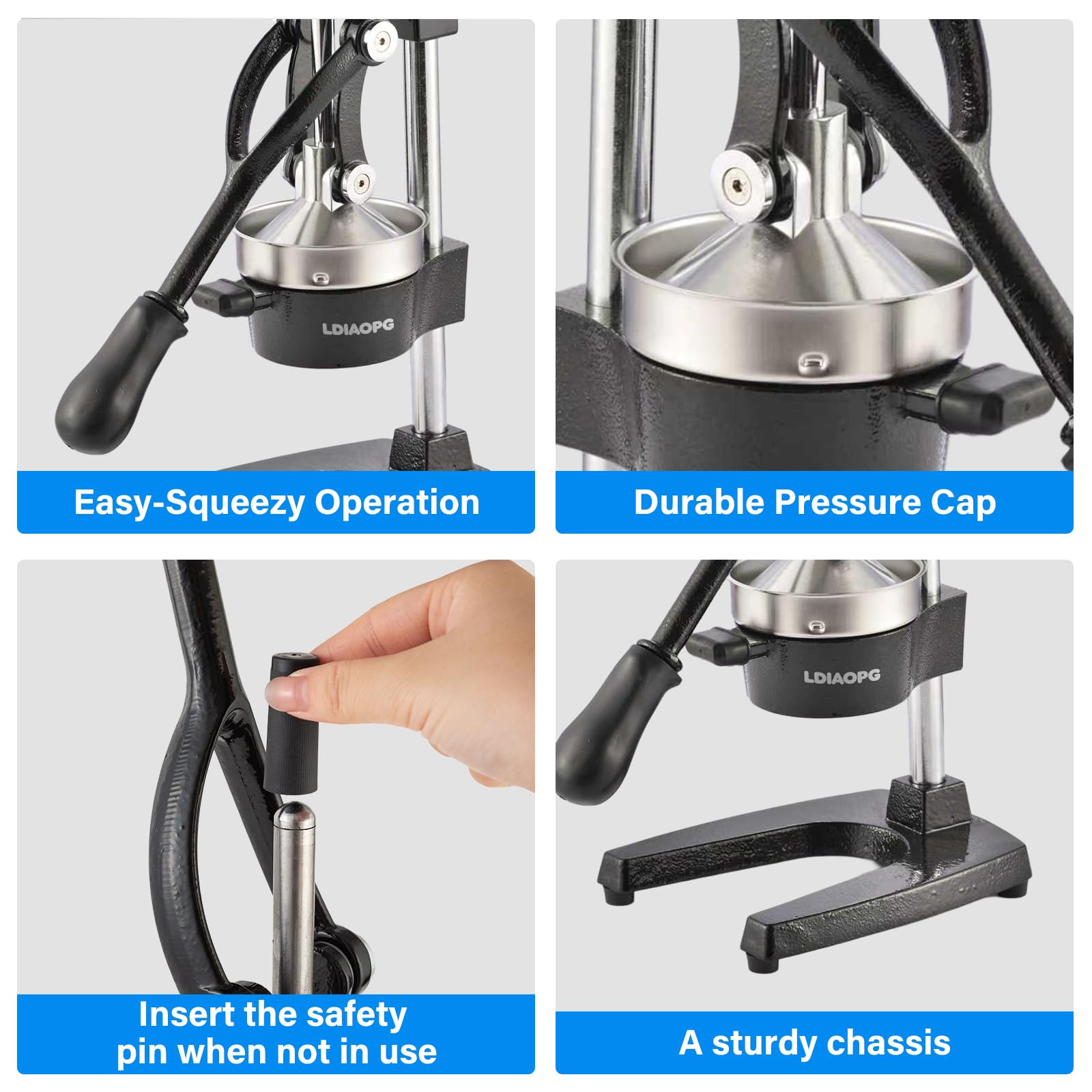 Ldiaopg curved-press-head demonstrates even pressure on citrus fruit.