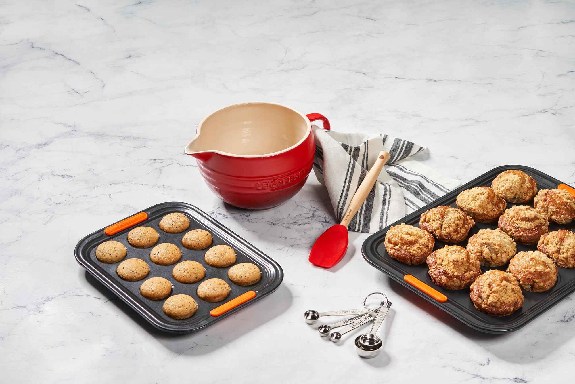 Le Creuset batter bowl oven and freezer-safe demonstration image.