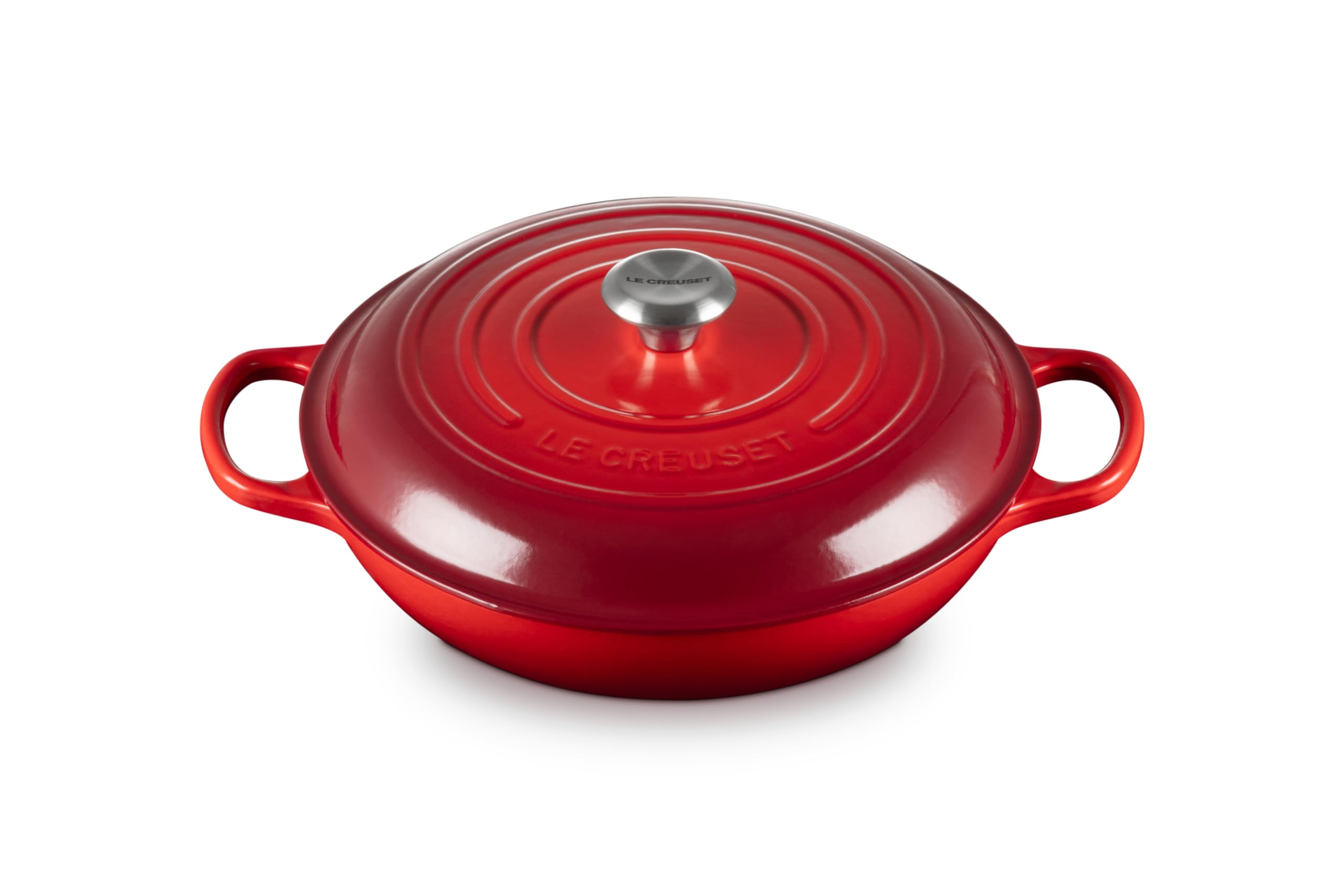Le Creuset braiser cerise with open lid, even heat for searing.