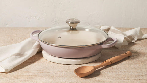 Le Creuset braiser round shallot enamel closeup highlights durable glaze