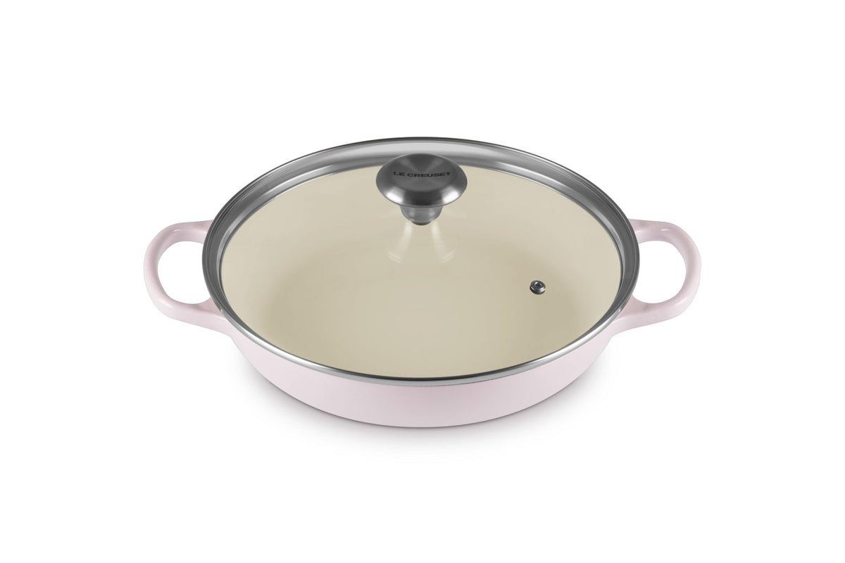 Le Creuset braiser round shallot top view showcases even heat for tender braises