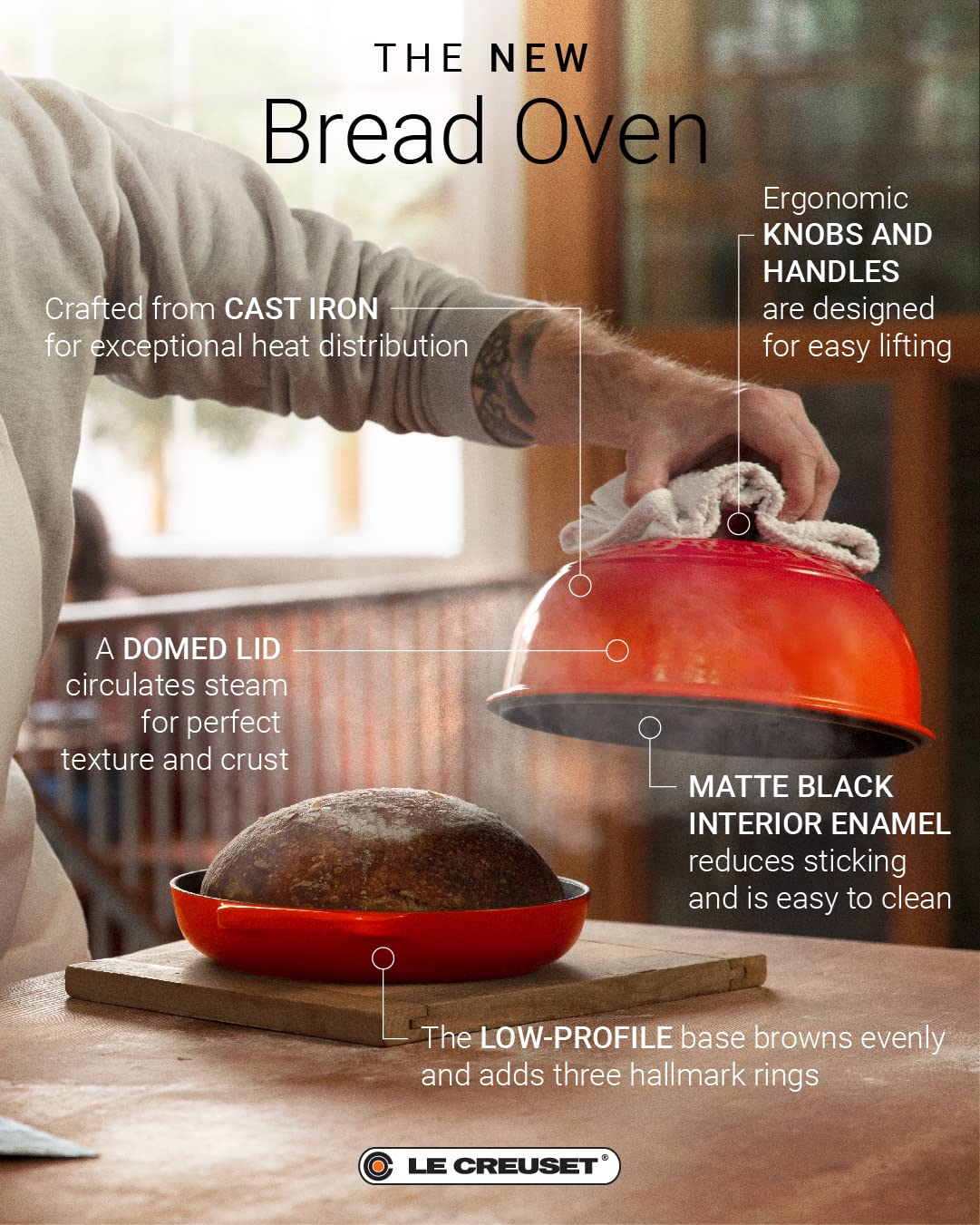 Le Creuset interior enamel develops patina for enhanced baking performance