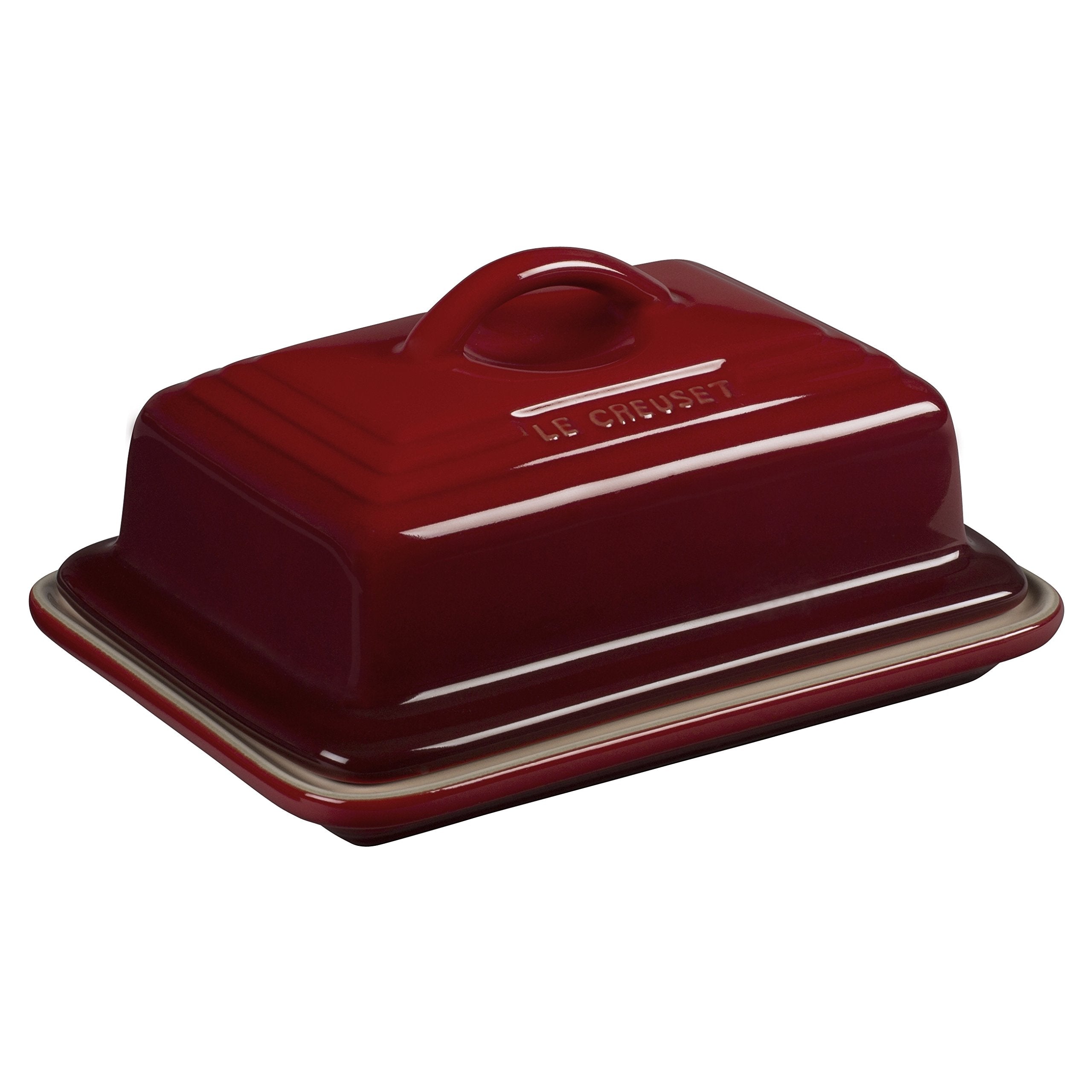 Le Creuset Butter Dish Cerise exterior showcases durable stoneware with a stain-resistant enamel.