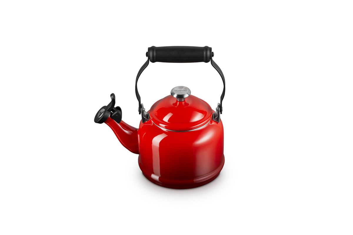 Le Creuset Demi Tea Kettle Cerise front view highlights quick heating and bold color.