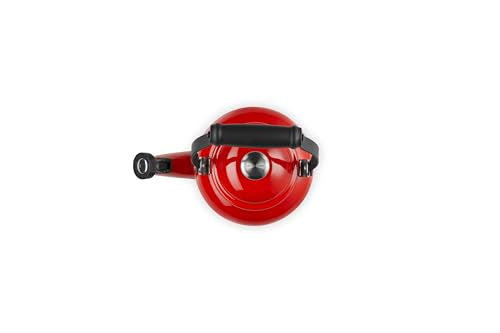 Le Creuset Demi Tea Kettle Cerise whistle close-up signals boiling with clarity.
