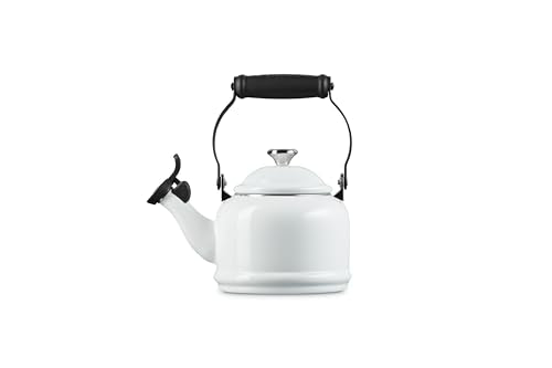 Le Creuset Demi Tea Kettle white fixed whistle visible signaling boiling