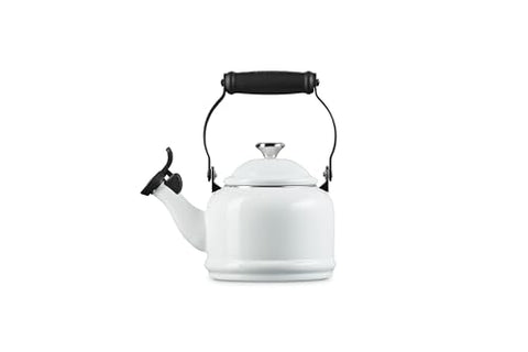 Le Creuset Demi Tea Kettle white fixed whistle visible signaling boiling