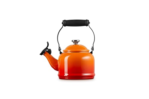 Le Creuset Demi Tea Kettle Flame stainless steel knob and handle ensure durability.