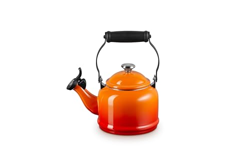 Le Creuset Demi Tea Kettle Flame whistle alerts when water boils.