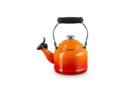 Le Creuset Demi Tea Kettle Flame whistle alerts when water boils.