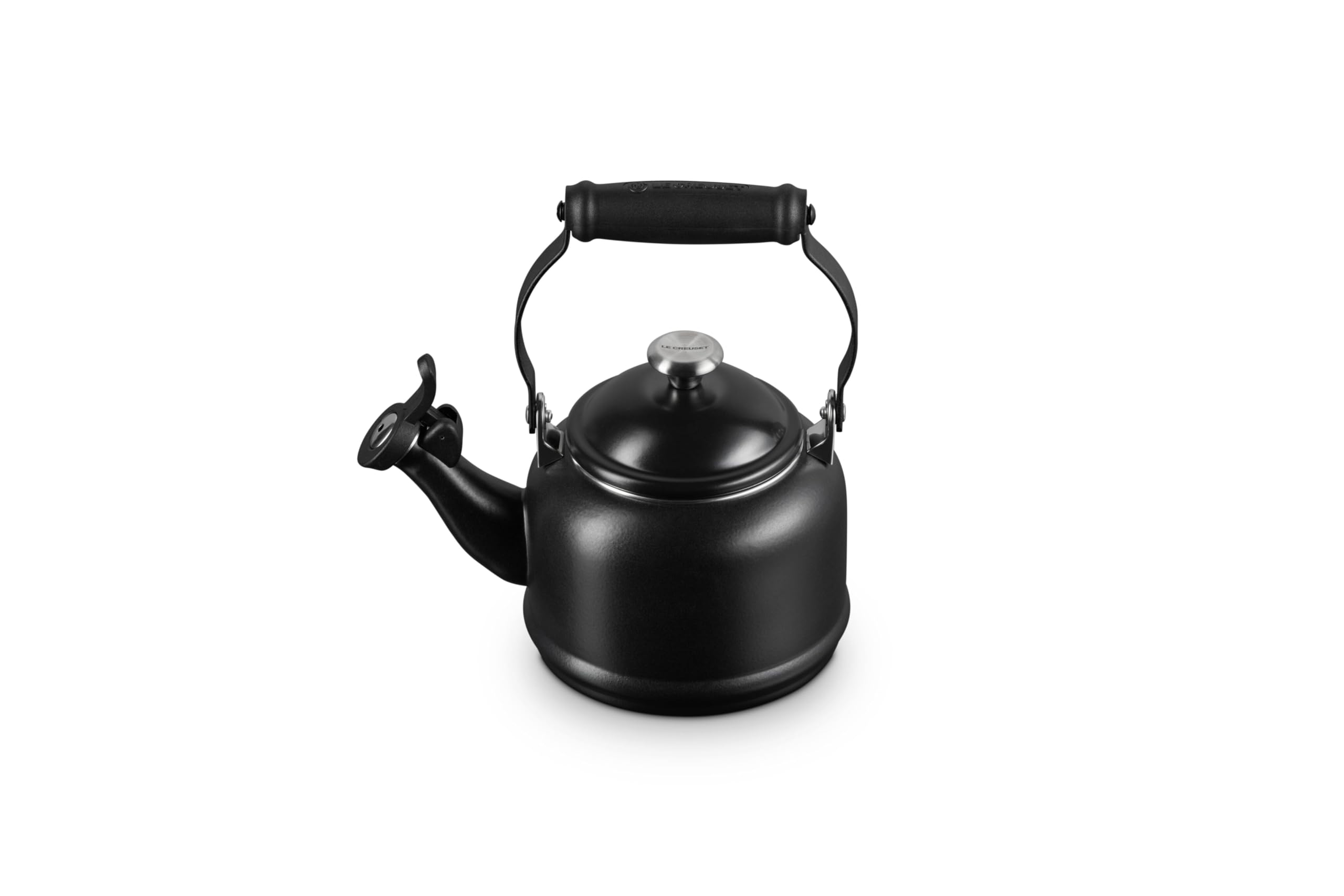 Le Creuset Demi Tea Kettle in Licorice — front view highlighting durable enamel and quick heating.
