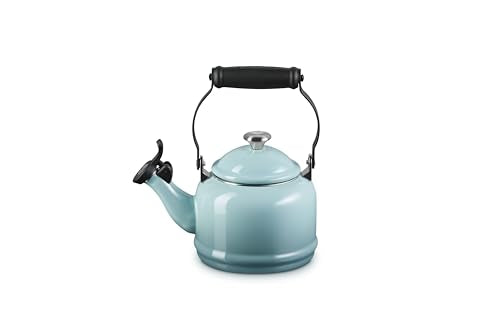 Le Creuset Demi Tea Kettle Sea Salt spout enables controlled pouring.