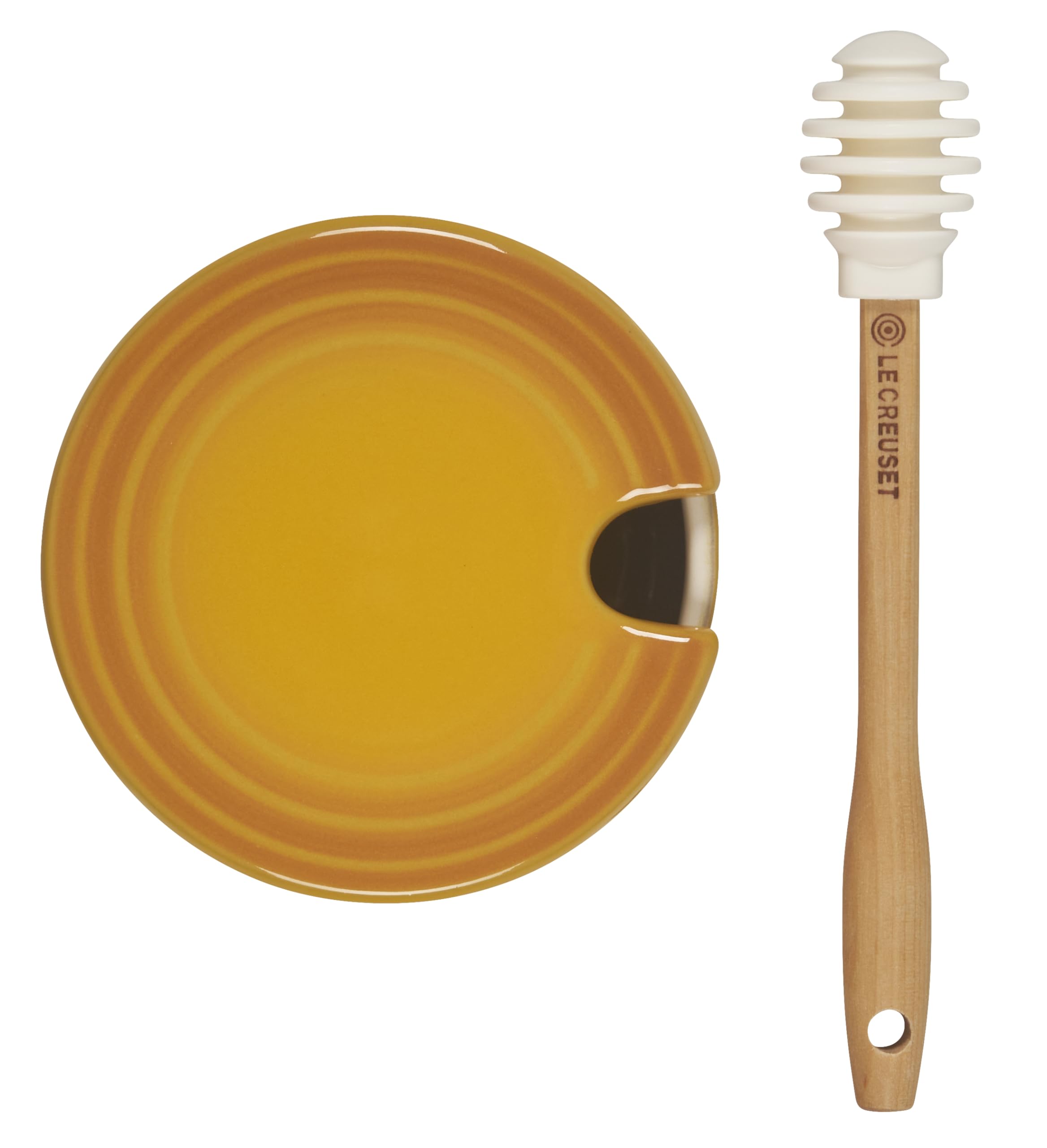 Le Creuset 14 oz Nectar honey pot, dishwasher-safe for easy cleanup.