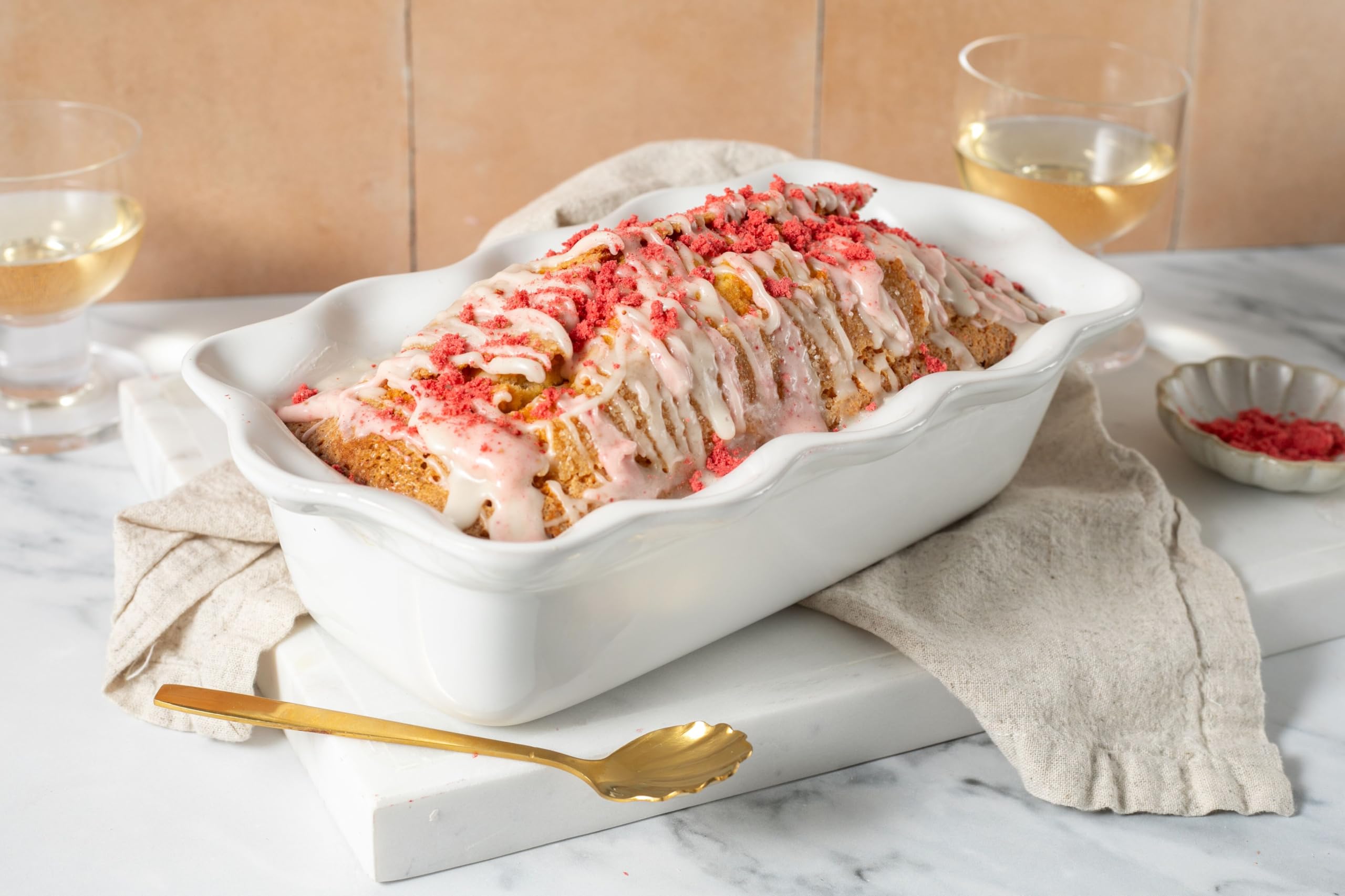 Le Creuset dish in kitchen is safe for freezer, oven, microwave, and dishwasher.