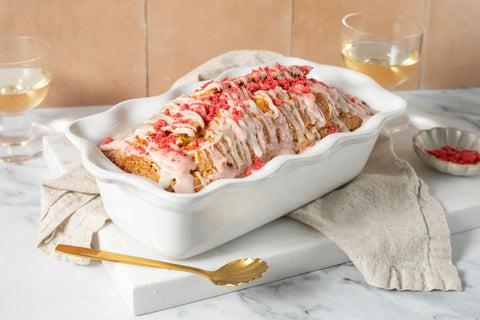 Le Creuset dish in kitchen is safe for freezer, oven, microwave, and dishwasher.