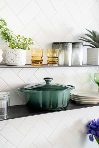 Le Creuset Dutch Oven works on all cooktops and tolerates up to 500°F.
