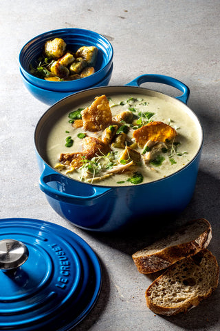 Le Creuset enamel finish is dishwasher-safe for convenient cleanup.