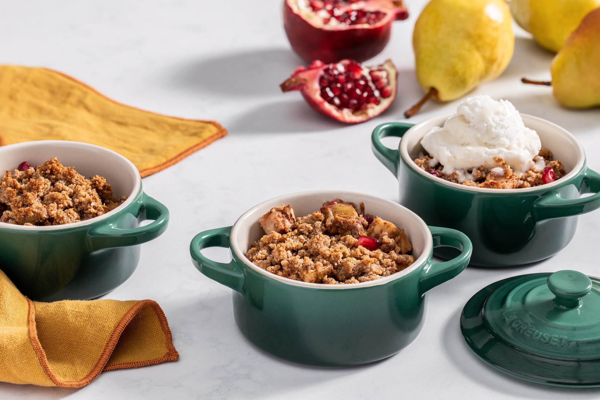 Le Creuset mini cocotte adds color and style to kitchen counters and table.
