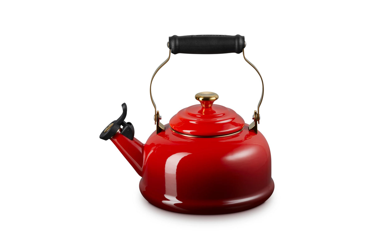 Le Creuset enamel on steel tea kettle Cerise, front view for rapid boiling