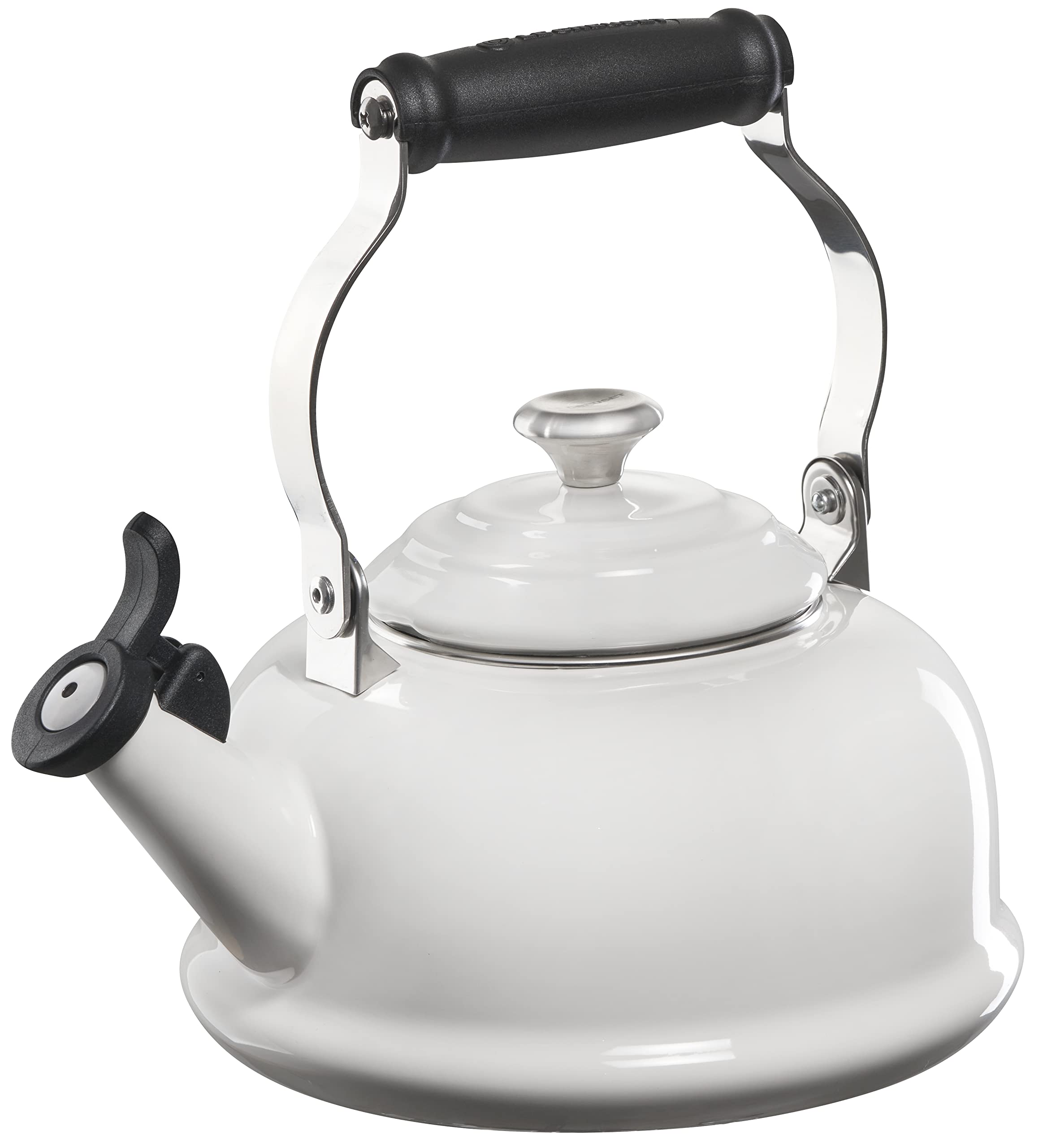 Le Creuset whistling tea kettle front view highlights quick heat and vibrant enamel finish.