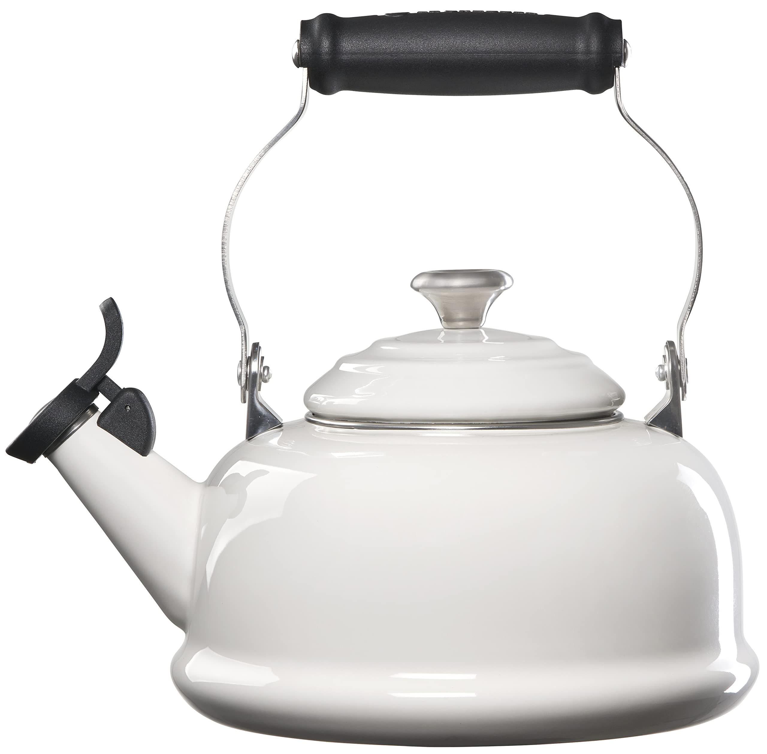 Le Creuset whistling tea kettle spout pour demonstrates smooth pouring for tea or coffee.