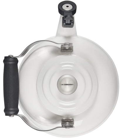 Le Creuset whistling tea kettle whistle clearly signals boiling to prevent overflows.