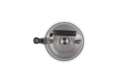 Le Creuset Oyster color enamel finish adding vibrant kitchen color.