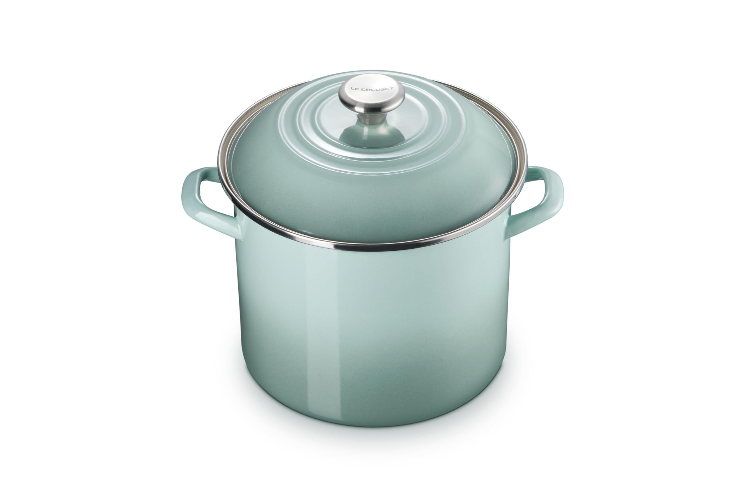 Le Creuset enamel steel stockpot exterior in Sea Salt heats quickly for soups.