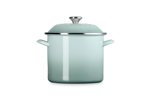 Le Creuset stockpot interior Sea Salt non-reactive enamel resists stains.
